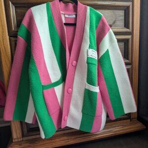 JASCLS Colorblock Cardigan Sz L Pink Green Cream BOHO Chunky Knit Retro Style